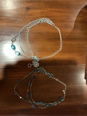 Set of 2  Silver and Teal Layered Fashion Necklaces